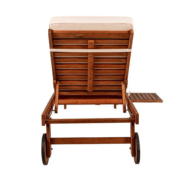 Seabrook Outdoor Acacia Wood Lounger with Cushion, 5-Position Back, Slide Table & Wheels - JONATHAN Y